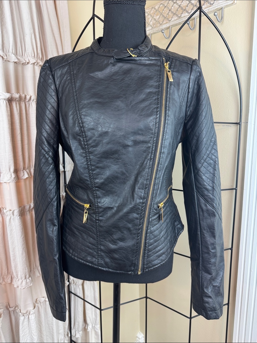 therapy Black Quilted Faux Leather Moto Jacket with Gold Hardware Size L NWT